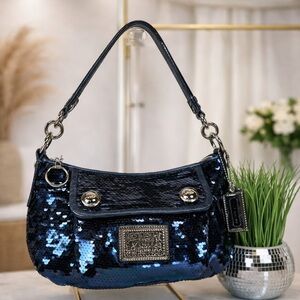 Coach Poppy‎ Y2K Midnight Blue Sequins Hand Shoulder Bag Rare HTF